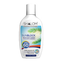Shalom Sunblock Sunscreen Lotion SPF 60 with Coconut Oil – 120 ml | Protección Solar Alta con Aceite de Coco