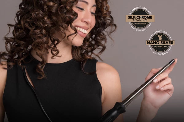 GAMA Professional Salon Curl Conic Silk Chrome Titanium – Rizador Profesional con LED Display  Rizos definidos, brillantes y de larga duración