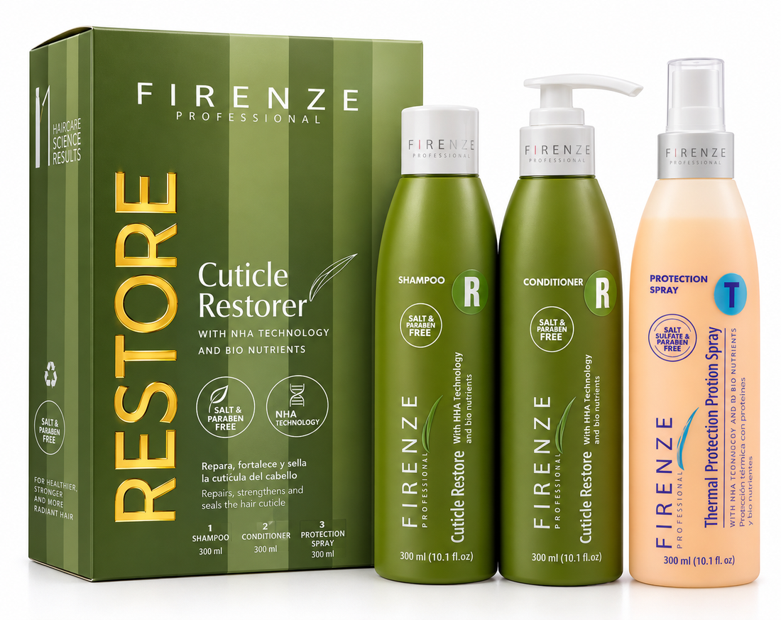 FIRENZE  Cuticle Restore Shampoo de 300 ml, Cuticle Restore Conditioner de 300 ml y Protection Spray de 300 ml