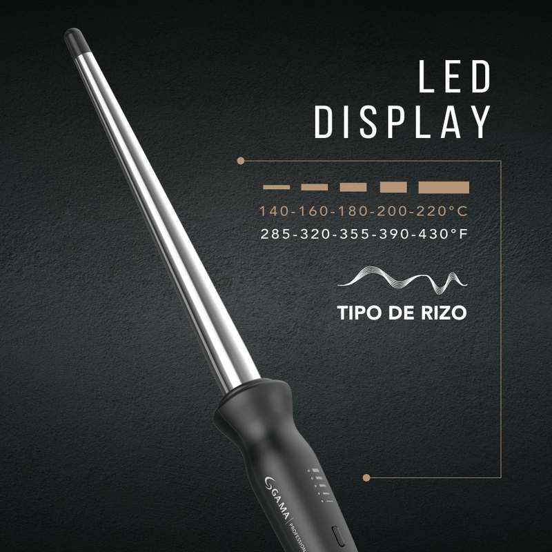 GAMA Professional Salon Curl Conic Silk Chrome Titanium – Rizador Profesional con LED Display  Rizos definidos, brillantes y de larga duración