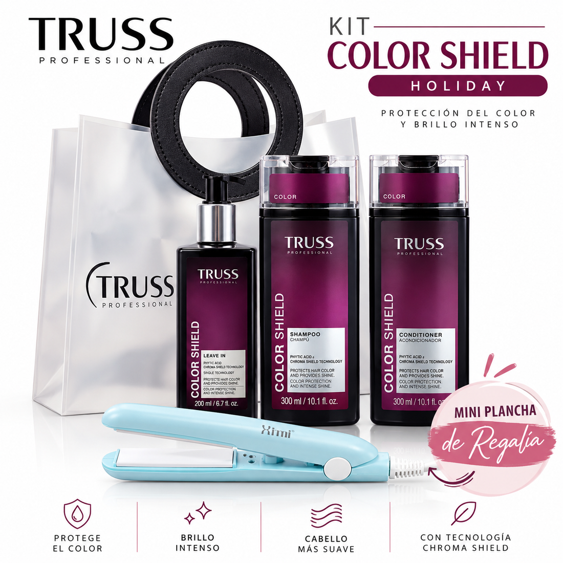 TRUSS Color Shield Holiday Kit – Shampoo 300 ml + Conditioner 300 ml + Leave-In 200 ml + Mini Plancha de Regalo