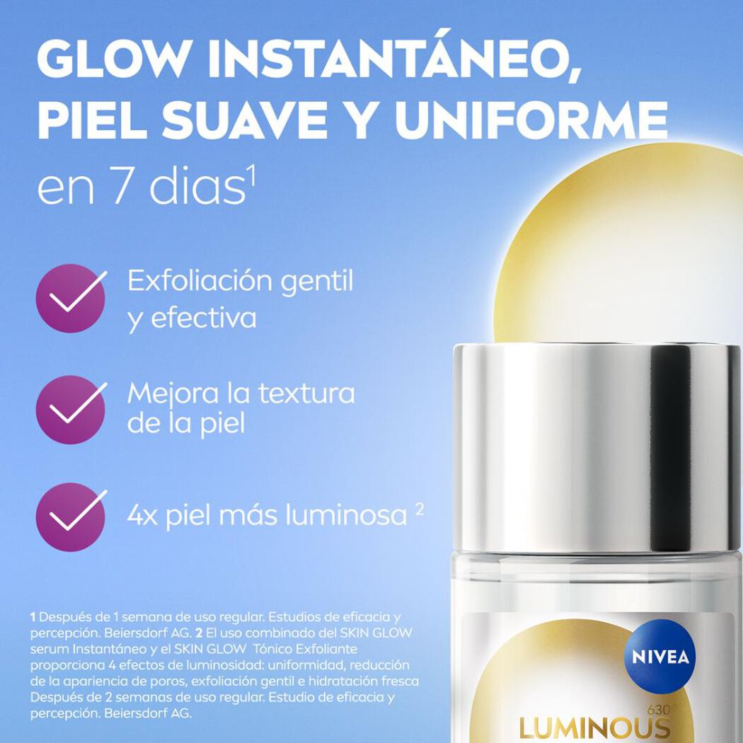 NIVEA Luminous Skin Glow Tónico Exfoliante – 100 ml  Tónico exfoliante para una piel más luminosa, suave y uniforme