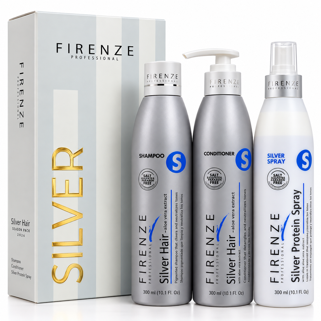 FIRENZE Silver Hair Shampoo de 300 ml, Silver Hair Conditioner de 300 ml y Silver Protein Spray de 300 ml