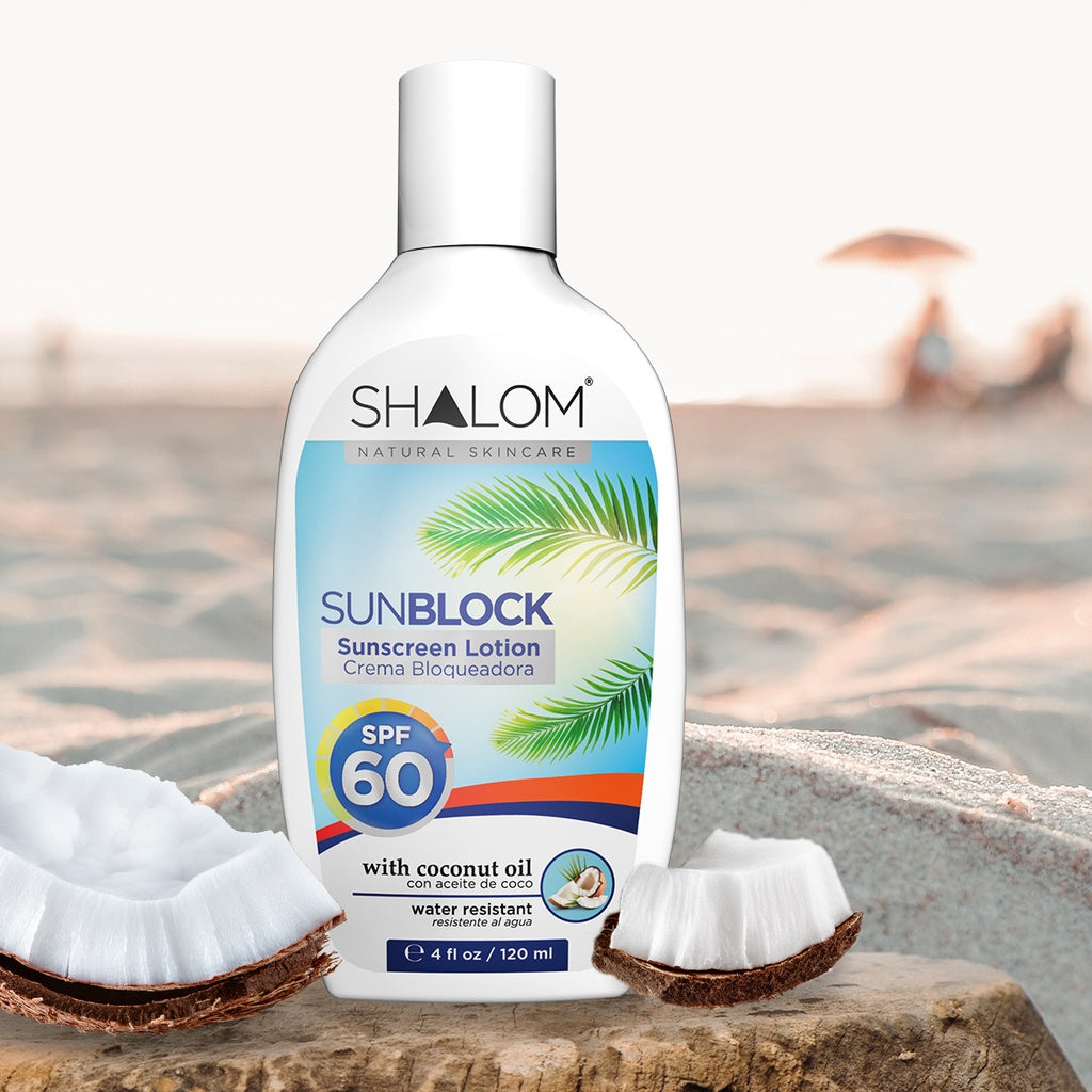 Shalom Sunblock Sunscreen Lotion SPF 60 with Coconut Oil – 120 ml | Protección Solar Alta con Aceite de Coco