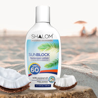Shalom Sunblock Sunscreen Lotion SPF 60 with Coconut Oil – 120 ml | Protección Solar Alta con Aceite de Coco