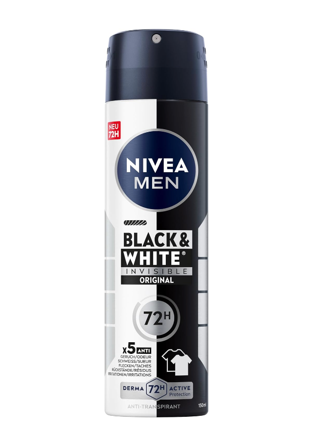 NIVEA MEN Desodorante Invisible en Pulverización Antitranspirante en Blanco y Negro con Fórmula Antimanchas con Protección Antitranspirante 72h y Complejo de Cuidado Nivea Men (150 ml)