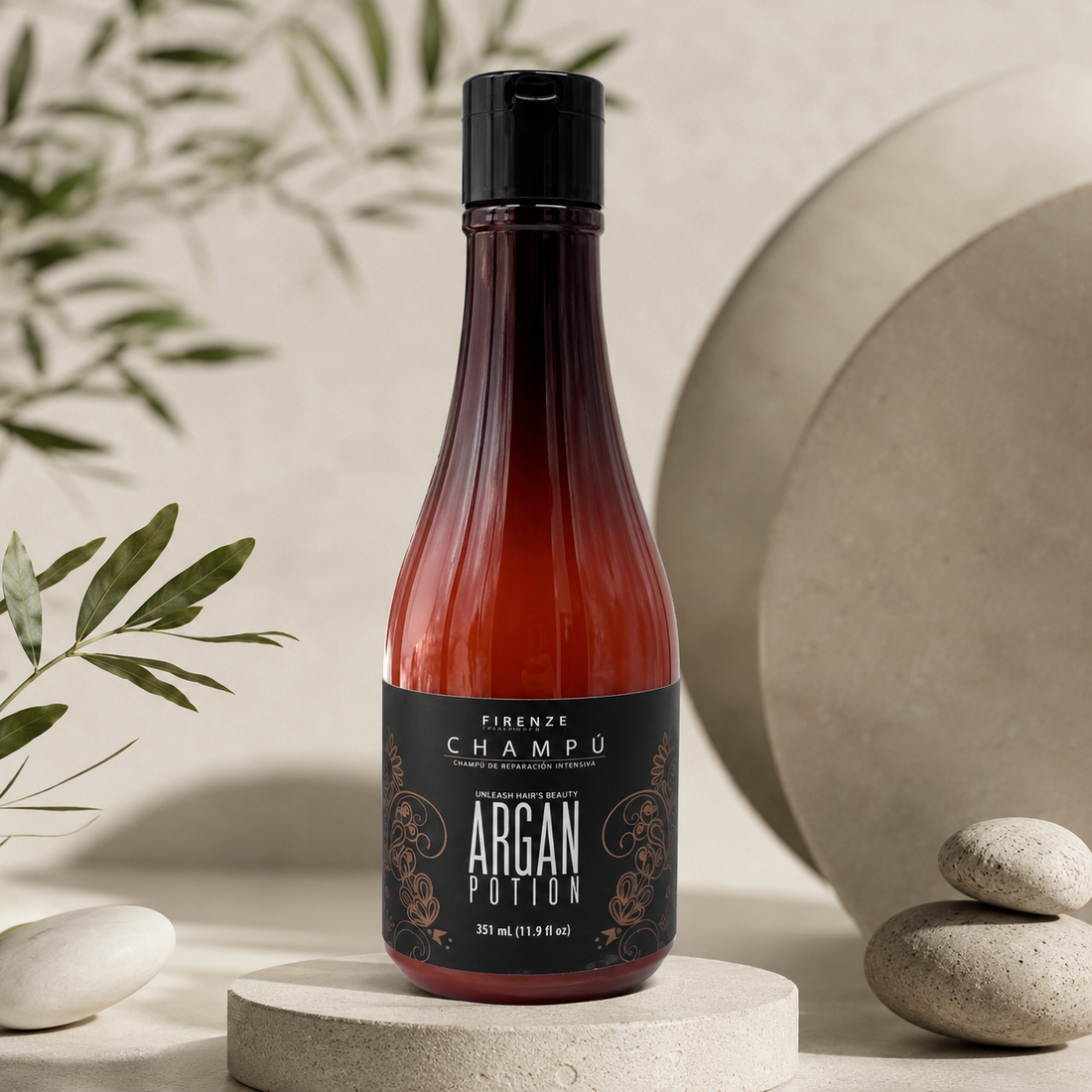 FIRENZE Argan Potion Shampoo – 351 ml  Shampoo nutritivo con aceite de argán para hidratación, suavidad y brillo