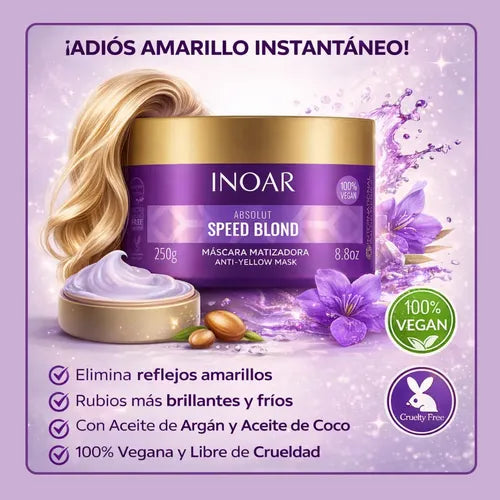 Inoar Absolut Speed Blond Máscara Matizadora – 250 g  Mascarilla matizadora para cabellos rubios, decolorados, grises y con mechas