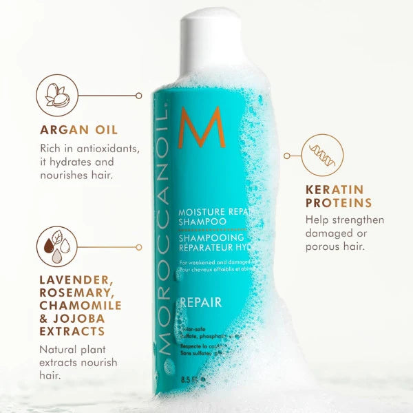 Moroccanoil Moisture Repair Shampoo – 250 ml  Shampoo reparador e hidratante para cabello dañado o tratado químicamente