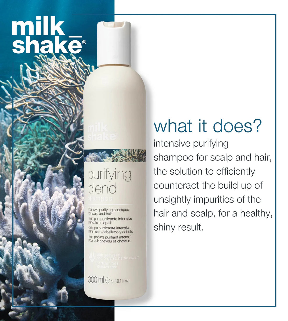 Milk Shake Purifying Blend Shampoo – 300 ml  Shampoo purificante para cuero cabelludo con caspa y exceso de grasa