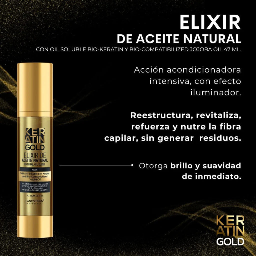 KERATIN GOLD ELIXIR DE ACEITE NATURAL WITH OIL-SOLUBLE BIO-KERATIN AND BIO-COMPATIBILIZED JOJOBA OIL 47ml