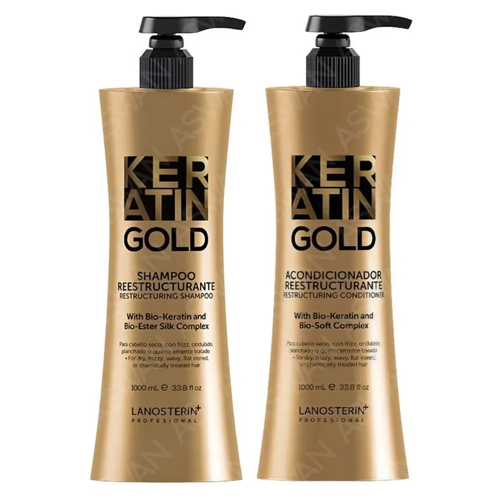 Keratin Gold Shampoo & Acondicionador Reestructurante 1000 ml (1 Litro) With Bio-Keratin & Bio-Ester Silk Complex